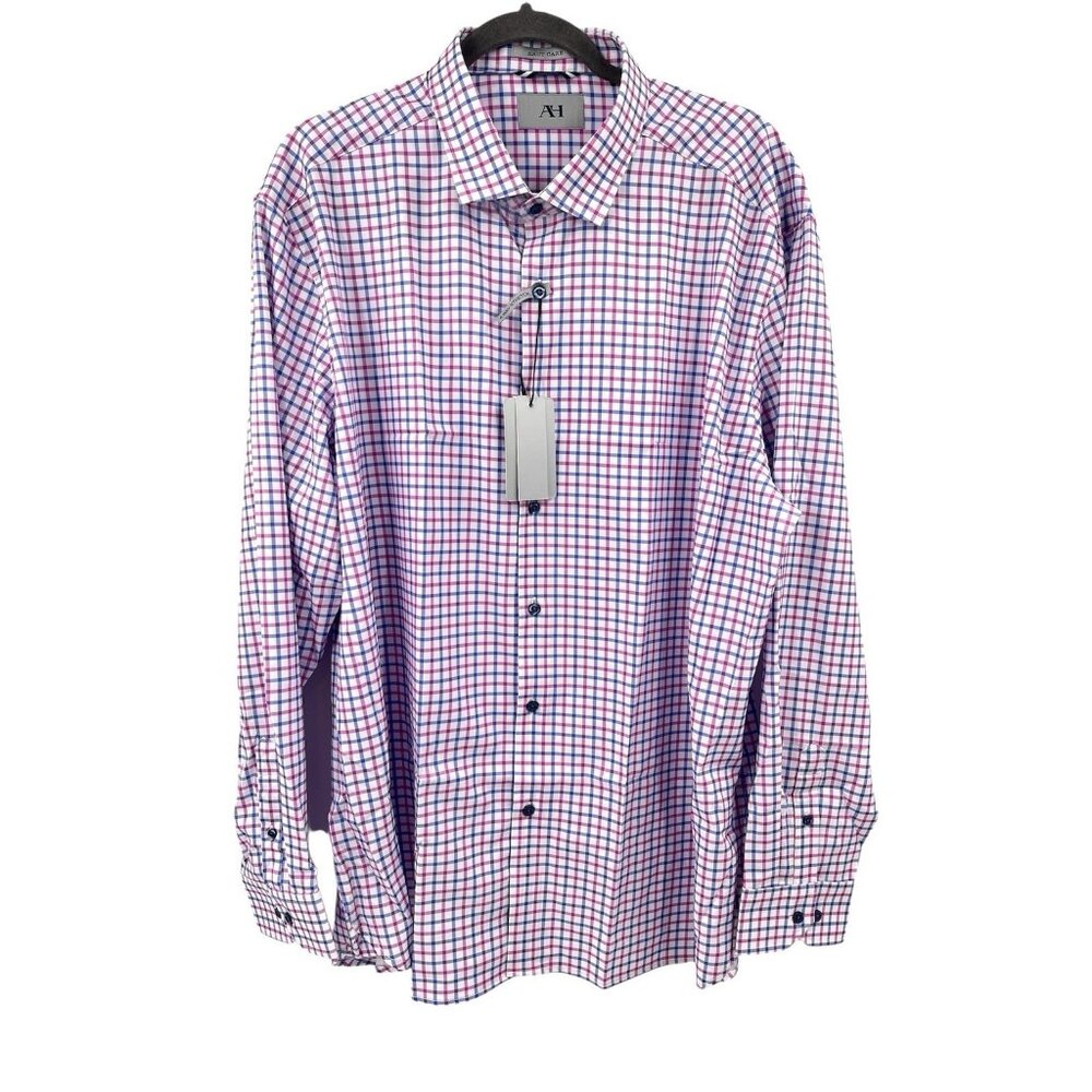 AH Men's White Purple/Pink Plaid 4-Way Stretch Button Down Shirt NWT XXL